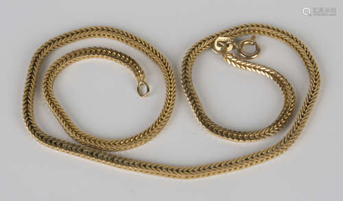 A 9ct gold necklace in a foxtail link design of square section form, on a boltring clasp, length