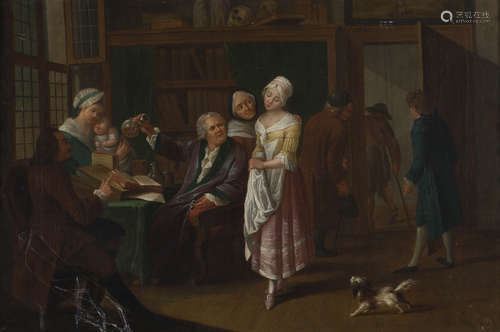 Circle of William Hogarth - A Doctor's Surgery, 18th century oil on canvas, 46cm x 69.6cm, within