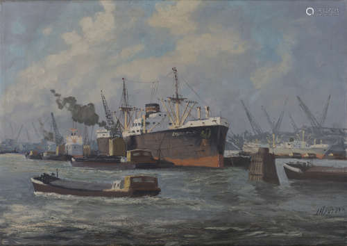 J.H. Peters - Harbour Scene with Ships and Boats, probably Rotterdam, 20th century oil on canvas,
