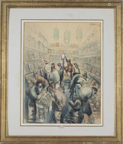 John Jensen - Men browsing Adult Magazines in a Shop, 20th century ink and watercolour, signed and