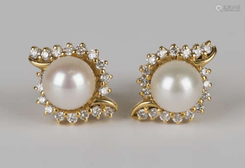 A pair of 18ct gold, cultured pearl and diamond earstuds, each mounted with a cultured pearl