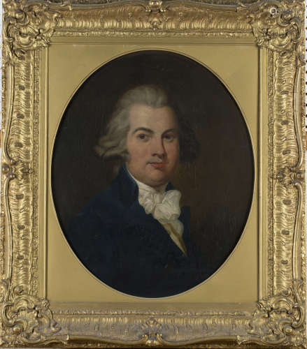 British School - Half Length Portrait of a Gentleman wearing a Blue Jacket within a Feigned Oval,
