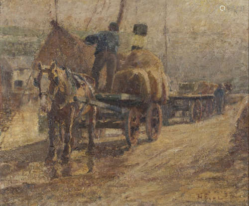 Harry Fidler - Man loading a Cart on a Quay, 20th century oil on canvas, signed recto, stencils