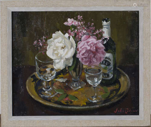 John Whitlock Codner - 'Still Life with Roses and Bottle', oil on board, signed recto, titled and