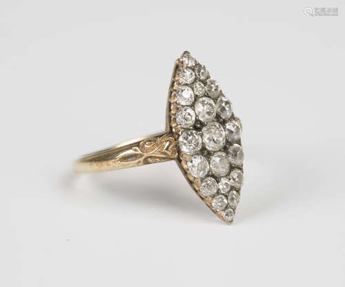 A gold and diamond marquise shaped cluster ring, mounted with cushion shaped diamonds with the