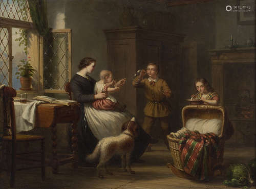 Andrew Sharbon - A Cottage Interior with Children blowing Soap Bubbles, oil on canvas, signed and