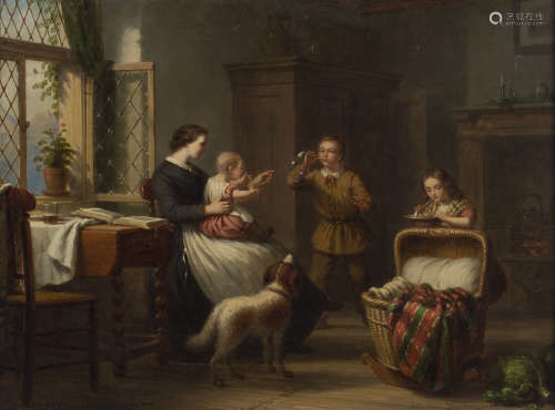 Andrew Sharbon - A Cottage Interior with Children blowing Soap Bubbles, oil on canvas, signed and