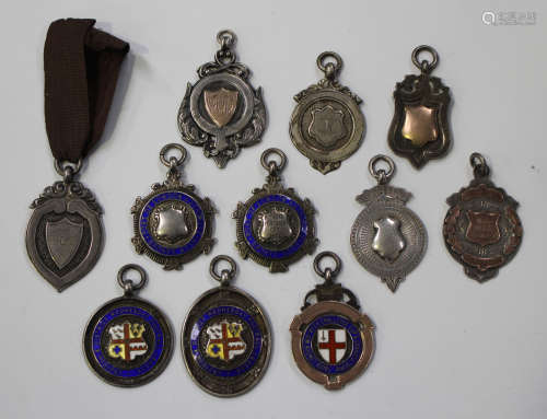 A group of five silver and enamelled fob medals, including two detailed 'Croydon & District