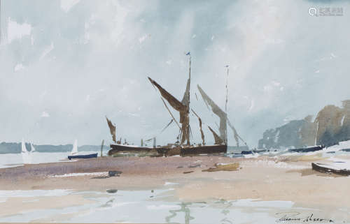 Edward Wesson - Coastal Landscape with a Beached Boat, 20th century watercolour, signed, 30.5cm x