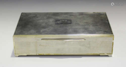 An Elizabeth II silver rectangular cigar humidor with all-over check engraved decoration, London