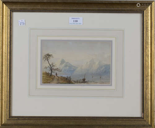 Charles Smith Varley - Lake Scene with Boats and Distant Mountains, 19th century watercolour,