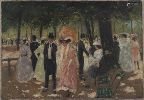 Attributed to Adrian Paul Allinson - Figures promenading in a Park, early 20th century oil on