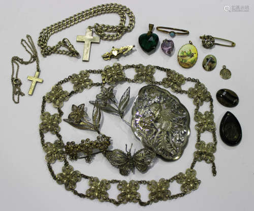 A group of silver, mourning and other jewellery, including a filigree collar necklace, three