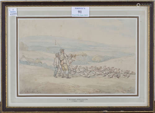Thomas Rowlandson - Geese and Figures in an Extensive Landscape, 18th century watercolour, signed