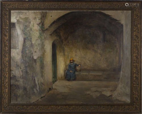 19th Century Continental School - Young Lady seated under an Archway beside a Jug, late 19th/early