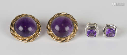 A pair of white gold and amethyst earrings, each claw set with a cushion cut amethyst, with post and
