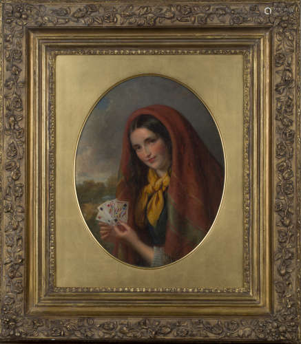 Edward Hughes - 'Gipsy Girl', oil on canvas, signed and dated 1863 recto, titled verso, 23cm x 18cm,
