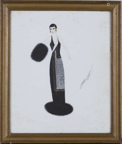 Erté - Fashion Study of a Lady in a Black Dress, 20th century watercolour, signed recto, label