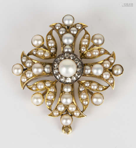 A Victorian gold, half-pearl and rose cut diamond set brooch in a quatrefoil shaped design,