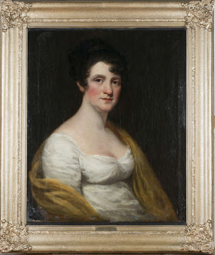 Circle of Henry Raeburn - Half Length Portrait of a Lady wearing a White Dress and Yellow Shawl,