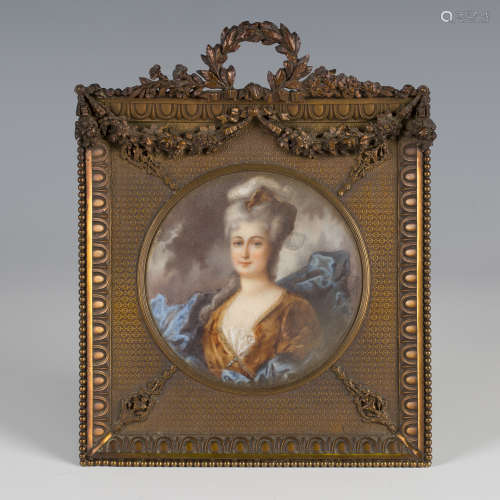 Laurent, French School - Tondo Miniature Portrait of a Lady wearing a Brown Dress with a Blue Shawl,