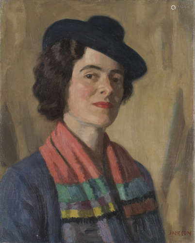 Frank Jameson - Portrait of a Lady wearing a Scarf and Hat, 20th century oil on canvas, signed, 51cm