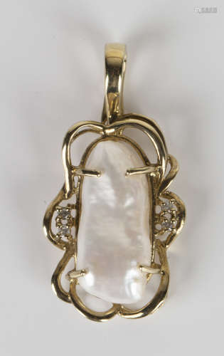 A 9ct gold, baroque cultured pearl and diamond pendant, the baroque cultured pearl in a scrolling