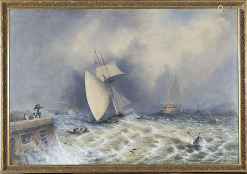 Alfred Montague - Sailing and Steam Vessels in Rough Seas off a Harbour with a Lighthouse,