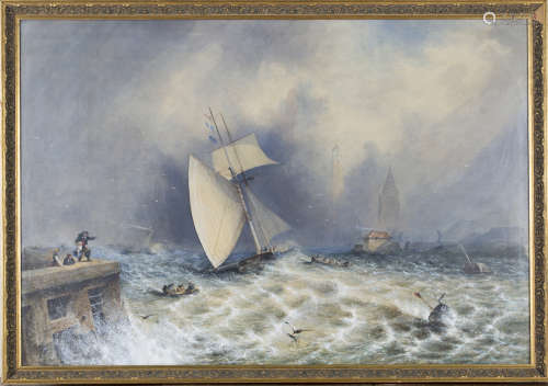 Alfred Montague - Sailing and Steam Vessels in Rough Seas off a Harbour with a Lighthouse,