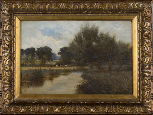 C.R. - River Landscape with Cattle, 19th century oil on canvas, signed with monogram, 29.5cm x 44.