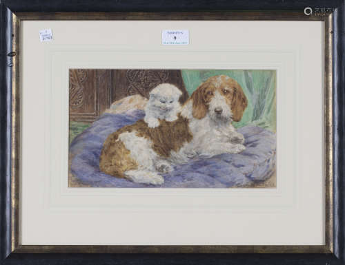 Eugenie M. Valter - Kitten and Spaniel on a Bed, late 19th/early 20th century watercolour, signed,