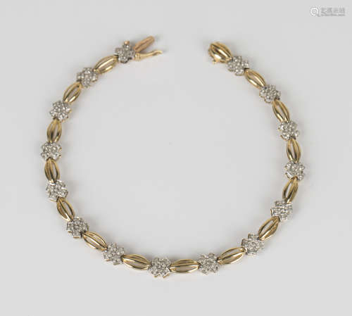 A 9ct gold and diamond bracelet, formed as a row of diamond four stone clusters alternating with