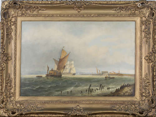 British School - Coastal Landscape with Sailing Vessels, 19th century oil on canvas, indistinctly
