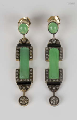 A pair of gold, green stained agate, diamond and onyx pendant earrings in an Art Deco style