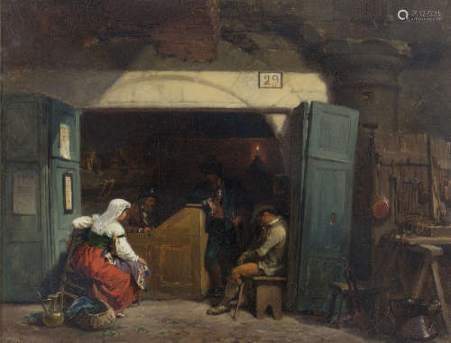 Louis Haghe - 'A Roman Letter Writer', oil on panel, signed and dated 1857 recto, stencils verso,