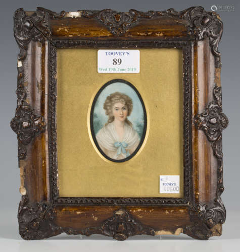 British School - Oval Miniature Portrait of a Lady wearing a White Shawl with Blue Ribbon, 19th