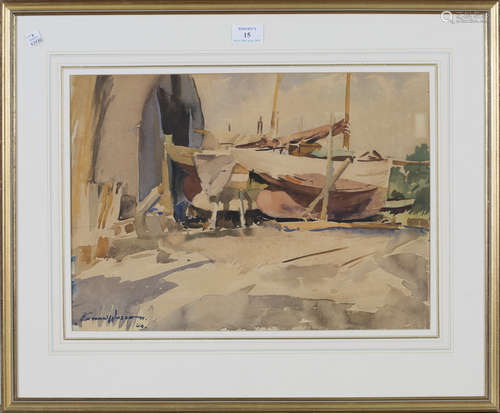 Edward Wesson - 'Up for Overhaul, Birdham, Sussex', 20th century watercolour, signed and dated '54