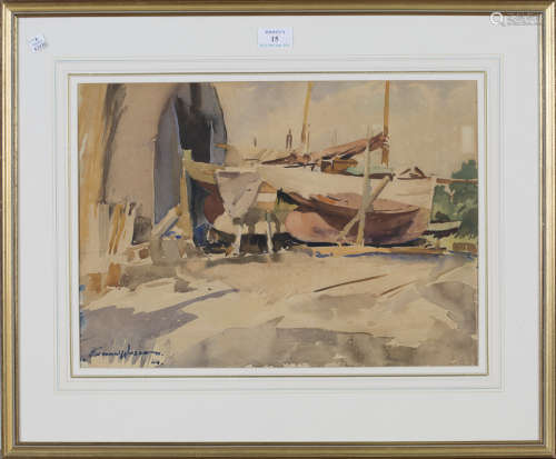 Edward Wesson - 'Up for Overhaul, Birdham, Sussex', 20th century watercolour, signed and dated '54