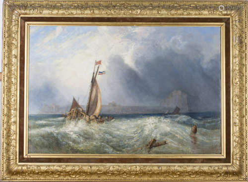 Attributed to Alfred Priest - Fishing Barge in a Heavy Swell off a Fortified Coast, probably
