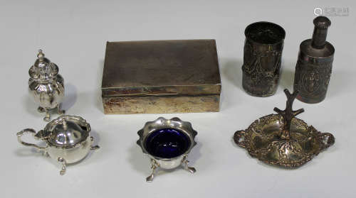 A collection of silver and plated items, including a silver cigarette box, Birmingham 1912, a plated