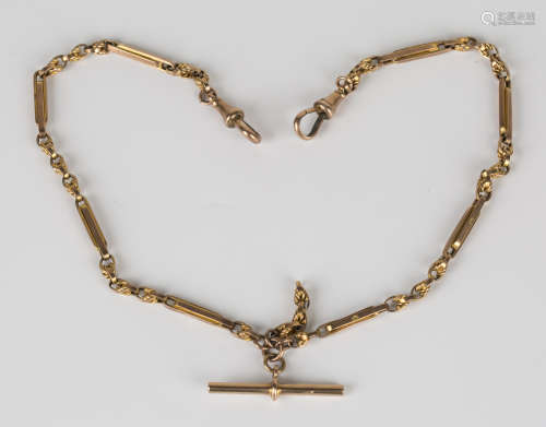 A gold twin bar and knot link watch Albert chain, fitted with two gold swivels and a T-bar, detailed