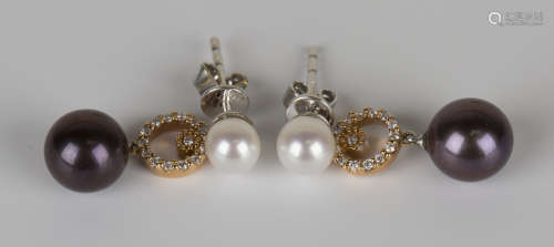 A pair of 18ct white gold, diamond and cultured pearl pendant earrings, each mounted with the