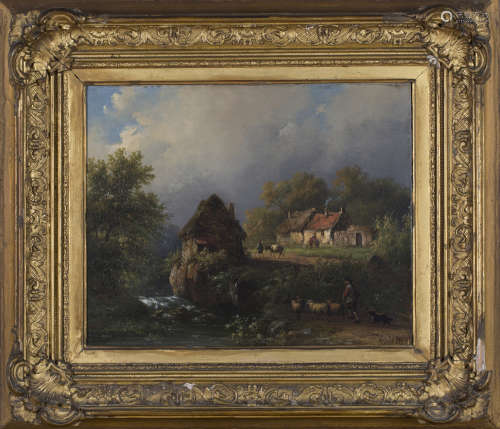 Dutch School - Landscape with River, Cottages, Figures and Animals, 18th century oil on panel,