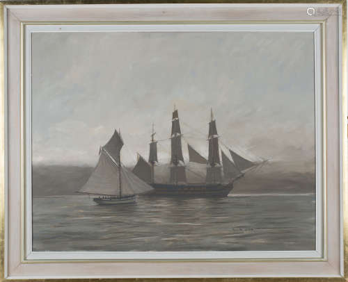 David Cobb - Sailing Vessels on a Calm Sea, 20th century oil on canvas, signed, 70cm x 90cm,