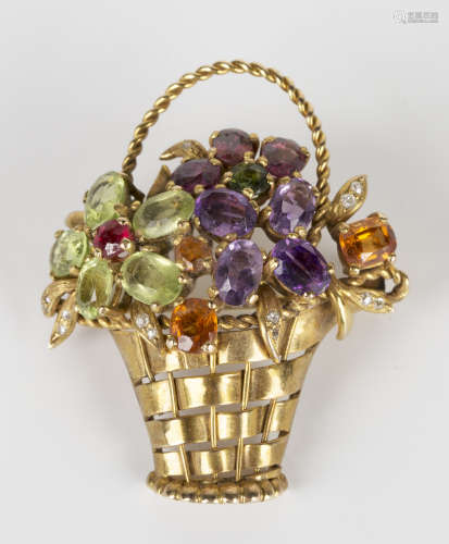 A gold, diamond, amethyst, peridot and gemstone set brooch, designed as a basket of flowers, width