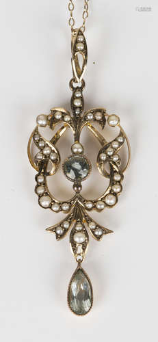 A gold, aquamarine and half-pearl set pendant in a scrolling design, detailed '9ct', length 5.5cm,