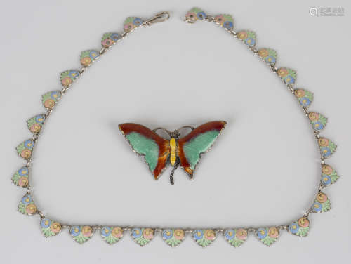 A silver and pastel shaded enamel necklace, circa 1930s, decorated with palmette and scrolling