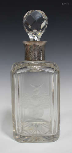 An early 20th century Continental .800 silver mounted cut glass square decanter and stopper, the