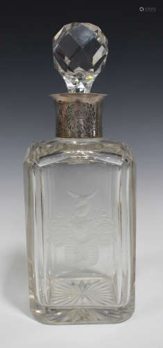 An early 20th century Continental .800 silver mounted cut glass square decanter and stopper, the