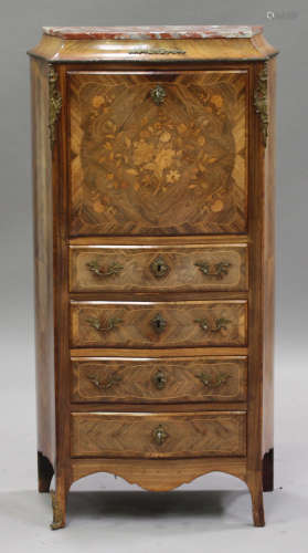 A late 19th century French kingwood secrétaire à abattant with inlaid foliate decoration, the